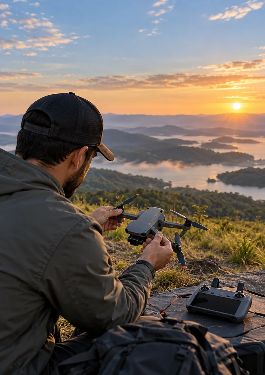 Drone, controle, bateria e pontos de checagem